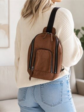 Fossil Brown Leather Sling Crossbody Backpack Bag Multi Zip